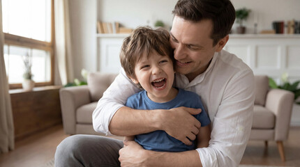Obraz premium Father's Day dad embracing son with joyful laughter for family celebration campaign poster social media content greeting card promotional material