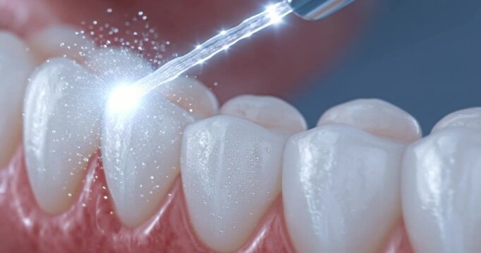 Dental water flosser cleaning plaque from teeth. 4K Video. Slow-motion water flosser jet cleaning between healthy teeth. Advanced oral hygiene.