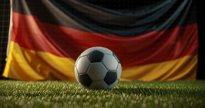 Soccer ball on grass field with German flag in the background during a match.