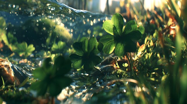 Close up of vibrant green clover growing near flowing water with glistening droplets in a sun dd lush natural outdoor environment.