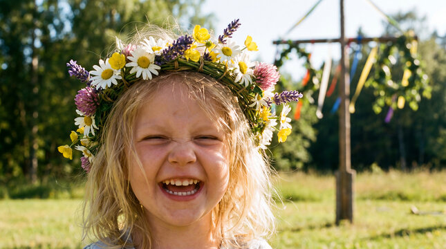 Nordic Midsummer celebration with blonde toddler girl wearing flower crown laughing joyfully for greeting card poster social media summer festival holiday advertising campaign