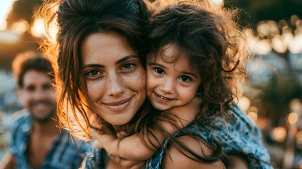 Fototapeta premium A beautiful young mother lovingly embraces her sweet daughter while the smiling father stands nearby on a bright, sunny afternoon outdoors.