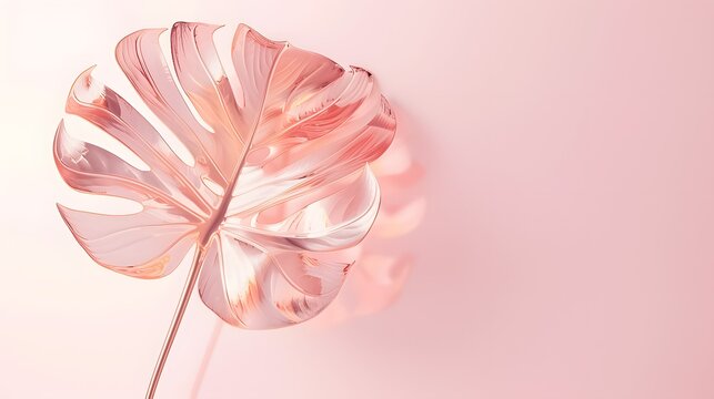 Premium 3D Luxury Backdrop with Single Rose Quartz Glass Monstera Leaf, Clean Pink Copy Space