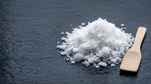 Fleur de sel sea salt crystal flakes in natural harvest pile with wooden spatula on dark wet slate surface, premium artisan salt ingredient macro extended license hero shot horizontal with copy space