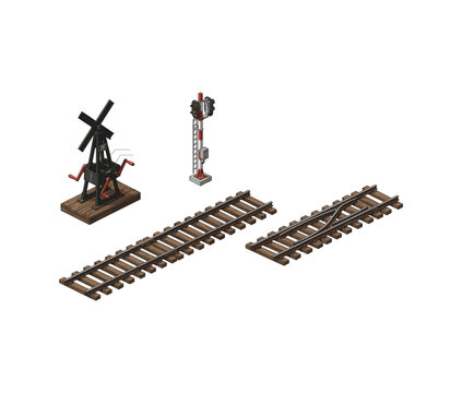 Isometric railway infrastructure elements, railroad tracks, switching rails and signal equipment illustration for transportation engineering and logistics projects