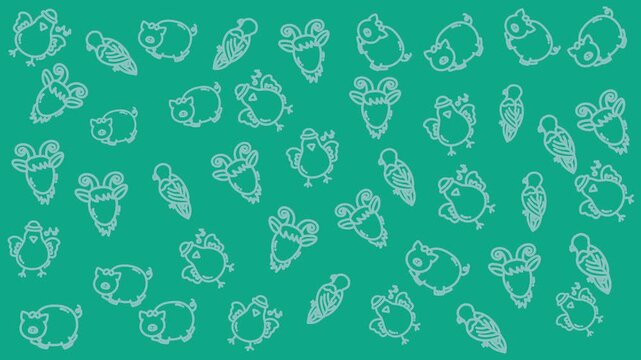 Cartoon pigs and chickens scattered across teal background. Simple outlines give playful, whimsical feel. Ideal for children's books or educational materials. Bright colors appeal to young audiences