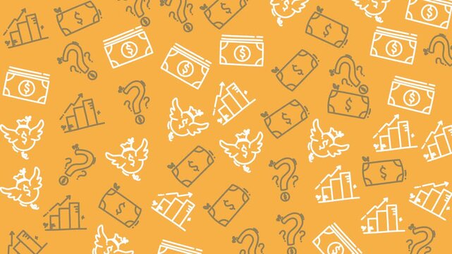 Yellow background features hand-drawn financial icons. Dollars, charts, birds, and question marks appear scattered. Symbols suggest business, finance, and growth concepts