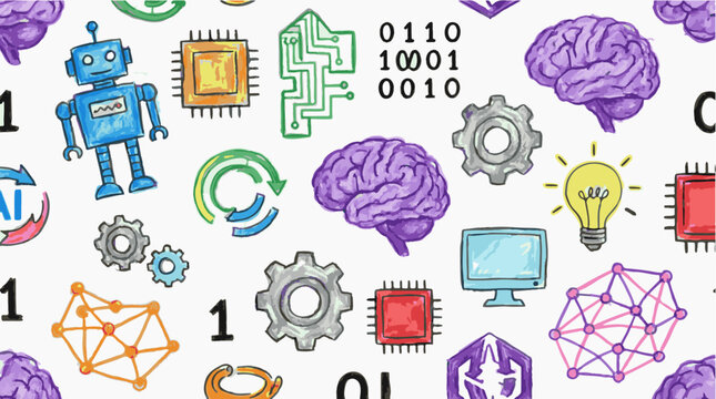 Artificial intelligence colored crayons pencils sketch art pattern icon 