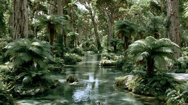 Tranquil river flows gently through a lush green forest filled with ferns and tall trees on a sunny day casting dd light on water.