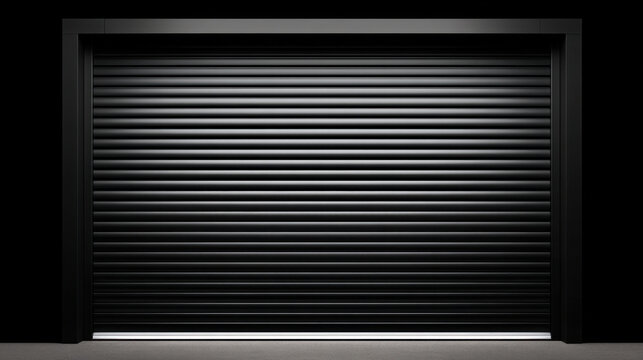 Black roller shutter door metal garage gate closed industrial security warehouse dark black horizontal slat