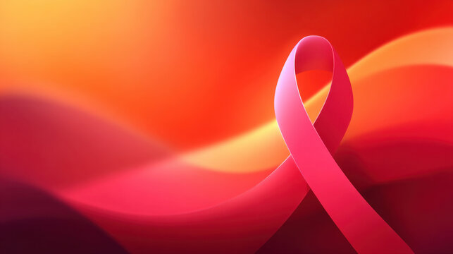 Pink ribbon on red orange wave background for breast cancer awareness campaign, medical support, hope, and prevention banner