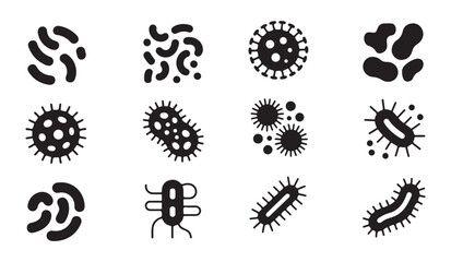 Various black icons depicting different types of bacteria and viruses.