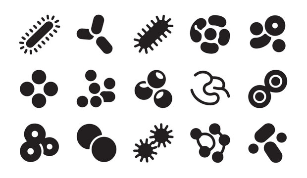 Bacteria, viruses, and cellular structures black glyph vector icon set in various forms.