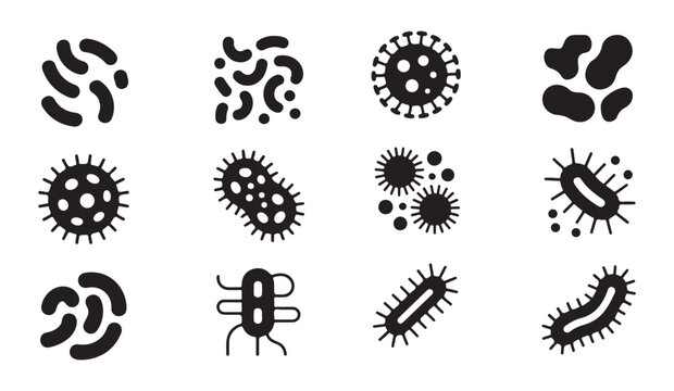 Various black icons depicting different types of bacteria and viruses.