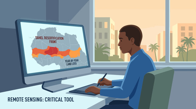 Environmental Scientist Monitoring Sahel Desertification on Computer