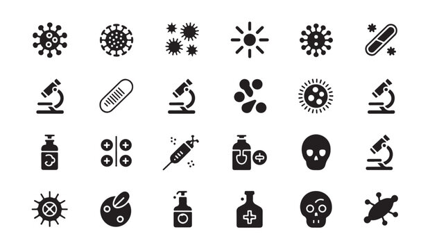 Medical equipment and virus icons featuring microscopes laboratory gear and germ samples.