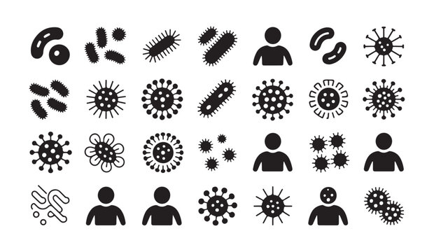 Comprehensive icon set of human disease virus and bacterial infection study symbols set.