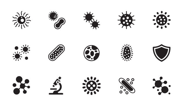 Bacteriology research icon set with various microbe and virus cell black glyph silhouettes.