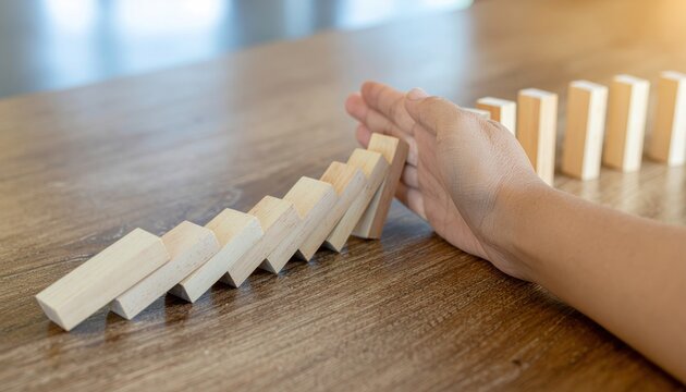 Hand stops falling dominoes.