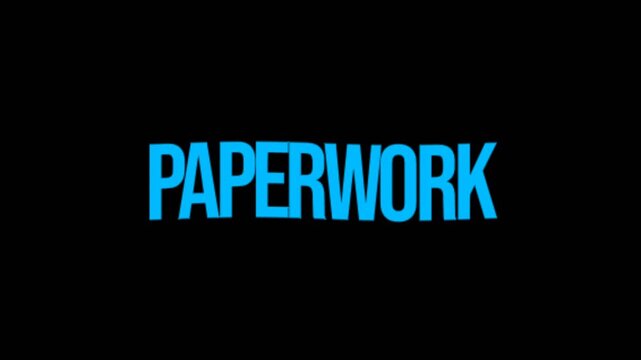 Bold blue word Paperwork displayed on a dark background in a clean text animation, ideal for office, administration, documentation, and business concepts.
