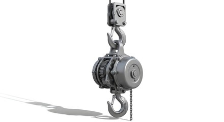 Naklejka premium Heavy-duty industrial crane hook with pulley system for lifting heavy loads.