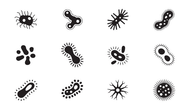 Abstract microbe and pathogen silhouette icons for scientific study and biological design.