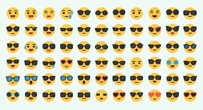 Collection of emoji faces with sunglasses on a light blue background