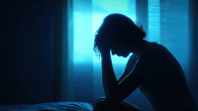 Silhouette of woman in blue light with head in hand, seated in dark room, pensive mood, backlit window, emotional stress