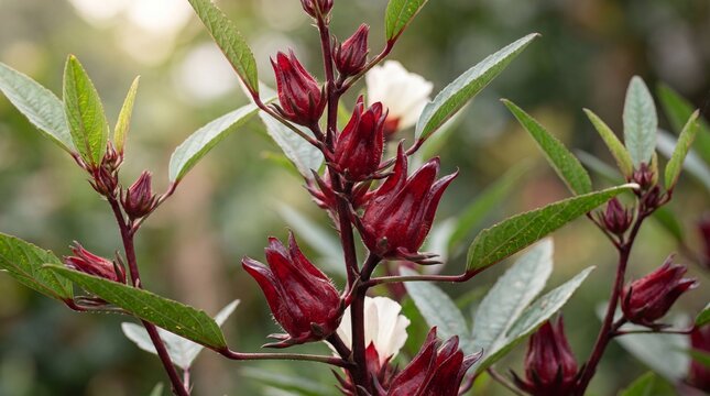 Fresh red roselle calyces growing on a plant branch with green leaves in a garden, Hibiscus sabdariffa