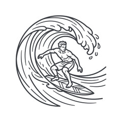 Fototapeta premium Surfer riding inside a barrel wave line art illustration.
