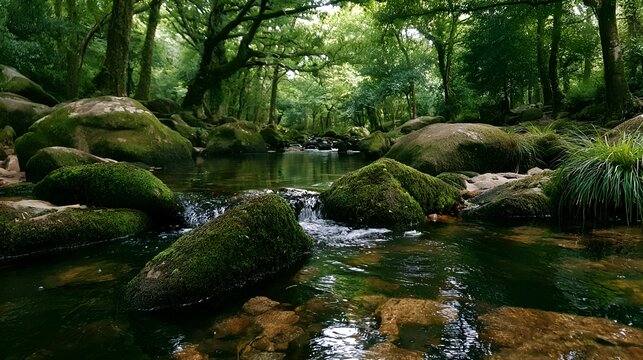 Tranquil stream meanders gently through a lush green forest with mossy rocks and dd sunlight filte through the dense canopy above.