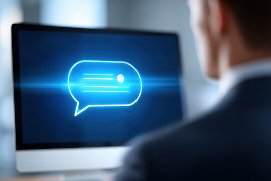 Computer screen chat bubble digital message online communication interface icon blue light technology concept man back view office