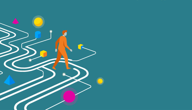 Strategic Journey Through a Digital Network: An Individual Walks a Winding Path Surrounded by Abstract Data Elements and Technology Symbols