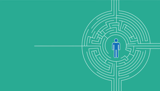 Abstract illustration of a person navigating a complex circular maze, symbolizing challenges, problem-solving, and finding the right path in business or life.