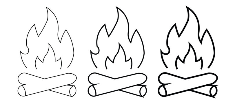 Minimalist campfire line icons set, black and white bonfire vector illustrations, simple wood fire flame symbols for camping and outdoor adventure