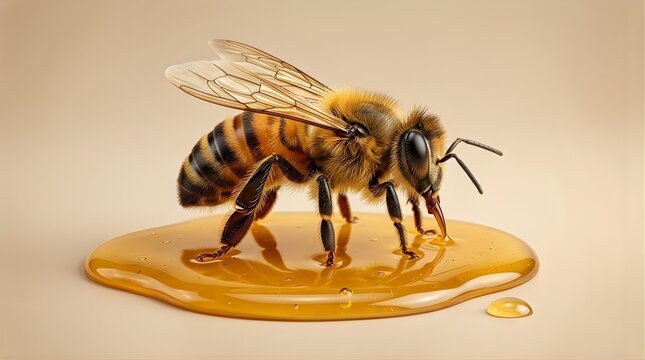Macro closeup of single honey bee standing in sweet golden puddle of syrup isolated on warm beige background