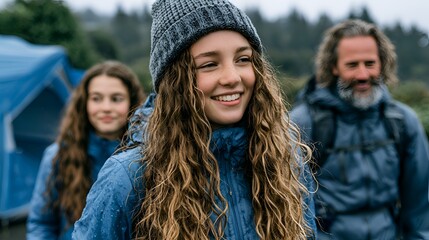 Fototapeta premium A young girl with curly hair smiles radiantly while hiking with her family near their blue tent in a beautiful natural outdoor setting.