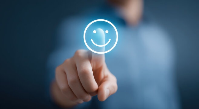 Finger touch virtual screen smile icon hand finger digital interface blue human point gesture technology touch screen online user interaction symbol feedback control communication modern