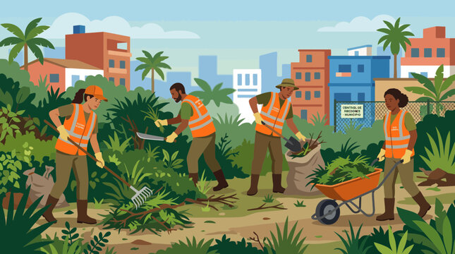 Community workers cleaning a tropical urban park illustration
