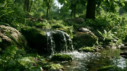 Fototapeta premium A peaceful small waterfall flows gently over mossy rocks in a lush green forest with sunlit foliage creating a serene natural scene.
