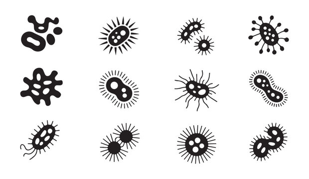 Bacterial microorganism collection including various germ shapes and protozoa silhouettes.