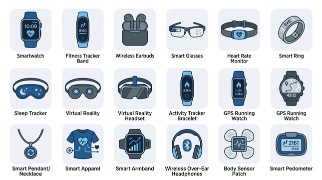 Various smart wearable devices on display including smartwatch and headphones