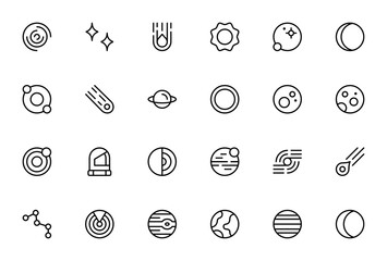 Space icon set. Minimalist thin line vector pack. Includes solar system, stars, asteroid, sun, moon, eclipse, day, Saturn, Pluto, Mercury, astronaut, Neptune, galaxy, meteorite, constellation, radar,  © wang