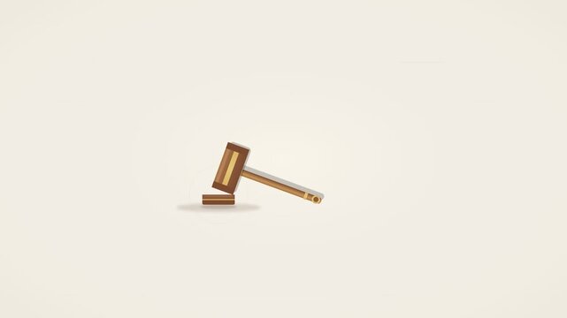 Minimalist flat vector animation representing the legal system. Features a judge's gavel striking a sound block, followed by emerging icons of the scales of justice, law pillars, legal documents