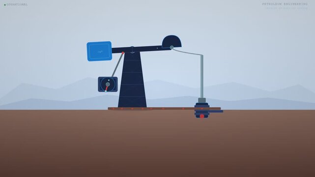 Flat vector motion graphic animation of a petroleum pump jack extracting crude oil from an underground reservoir