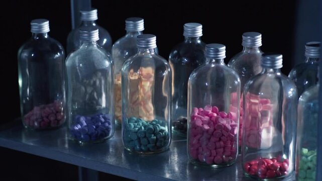 Row of contraband glass jars filled with ecstasy amphetamine tablets in dark illicit lab.