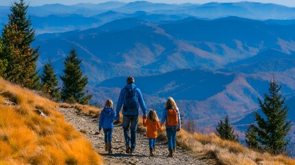 Obraz premium A happy family walks through an autumn forest with falling leaves and smiles while enjoying a peaceful moment together in nature sunlight.