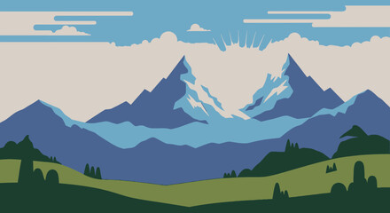 Stylized mountain landscape with clouds and sunburst illustration © Gunting
