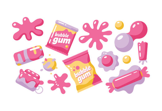 Colorful Bubble Gum Candy Collection Featuring Sweet Wrappers, Chewing Gum Pieces, Fun Dessert Illustration, Playful Snack Design Artwork