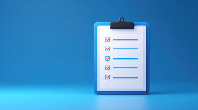 Blank checklist clipboard check box list document paper blue copy space task survey plan empty checklist on blue background with clipboard and check box marks simple office document with copy space